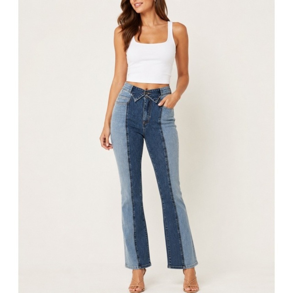CIDER Color Block Stripe Straight Leg Jeans‎ Shirt Collar Fold Front Waist Large